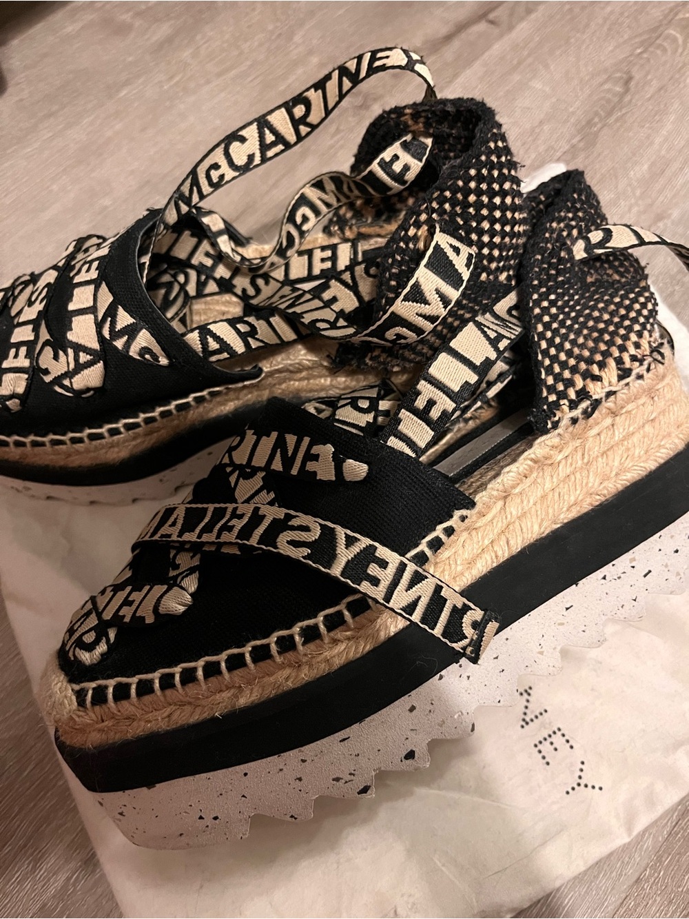 Stella McCartney Gaia Black Logo Espadrille Platform Sandals